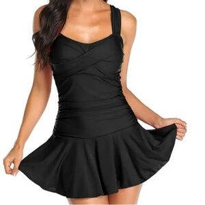 Summer Mae Black Cross Back Tummy Control Swim Dress Size S